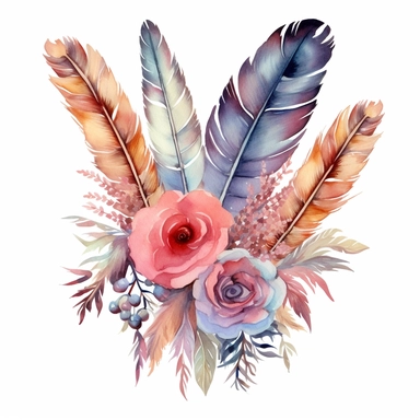 Create a mesmerizing composition of boho flowers and delicate feathers in a watercolor style. The vibrant colors and intricate details of the floral clipart bouquets and feathers come together to form a captivating artwork. Let the bohemian spirit of nature and freedom inspire this enchanting design.