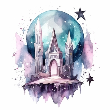creepy magic crystals with crescent moon and stars clipart, fantasy, detailed, white background, illustration painting, collaged constructions, digital art, watercolor, in the style of sculptural and geometric, forced perspective drawings, Geometric brushstrokes form an intriguingly abstract, painterly figure