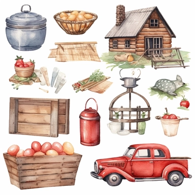 easter basket watercolor clipart & clip art, in the style of light red and dark gray, narrative paneling, classic american cars, uhd image, hand lettering, depiction of rural life, wood