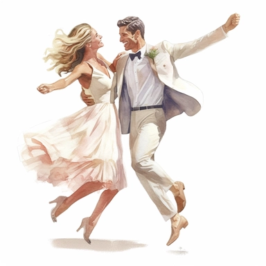 watercolor, hyper realistic, white background, white margins, 16k, ultra detailed clipart, cut out image, hand-drawn, whimsical a groom and bride doing a whimsical and choreographed dance routine, adding a touch of creativity and entertainment to their celebration. ultra HD, sharp and clean art