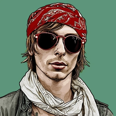 sober serious skinny young man desert punk turban bandanna sunglasses DJ Qualls, Josh Kirby Mad Max Lord of the Rings, handpainted enamel punk zine indie retrowave, clipart illustration, circular frame solid background, circular border