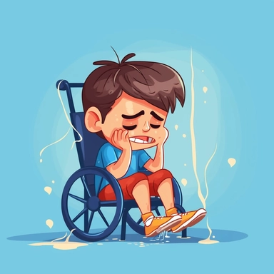 clipart,frustrerad boy trying to tie hes shoes but cant,in wheelchair, crying, blue background with tears