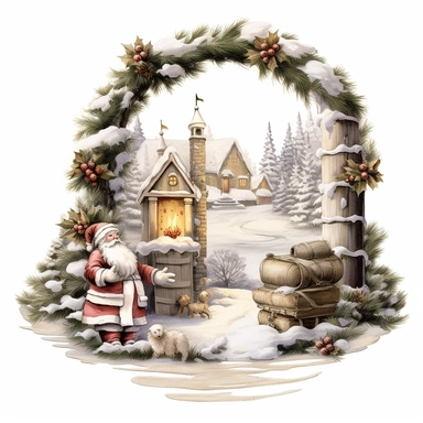 vintage design, advent wreath around, christmas theme oil paining santa claus with a big sack filled with gifts Clipart Collection in beautiful winter landscape, advent wreath around, christmas theme, detailed, isolated, white background, one pattern