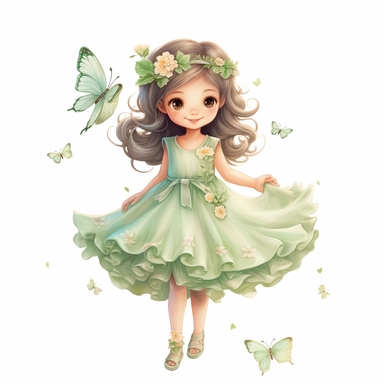 clipart, cute fary age 6, with flovers, butterflies, green dress, pastel colors, digital illustration, high details, 4k