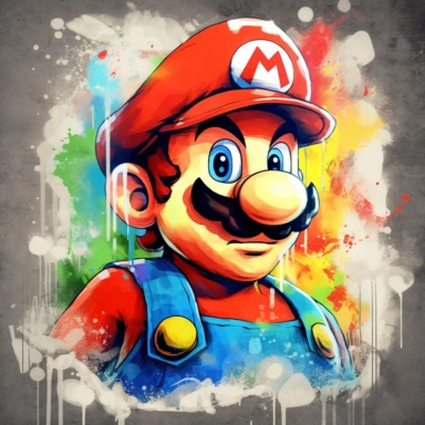 Super Mario Bros close-up side profile view, colorful graffiti background, clipart watercolor