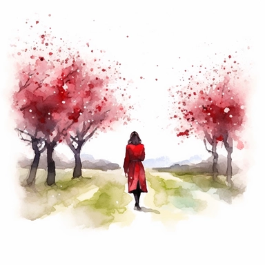 a watercolor woman walking in a cherry orchard, cherry academy style, cherry red nuances, vector free clipart illustration, in the style of unreal engine 5, 32k uhd, detailed features, white background