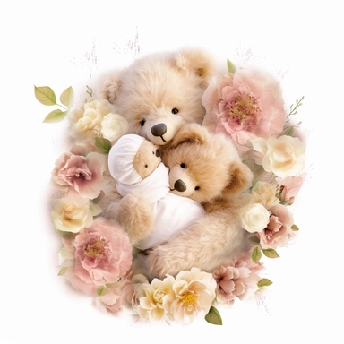 clipart of fluffy baby teddy bear sleeping in her mother's arms, cute, soft and mellow colors, cherry blossome environment, octan renderer, dept of field white background, cutout