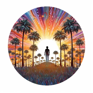 hallusinating grove of palms, psychedelic clipart, small shape of the non binary human in the middle, white background, colorful, galaxies, flying saurcers, sunrise sun shape on the back, no text