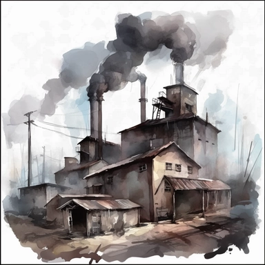 water color smoking factories, that simbolizes the destruction on earth, dark buildings, dirt, clipart, hd, no background