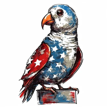Patriotic Parakeet, perched on a small Liberty Bell, isolated on a white background, abstract expressionist style, clipart,