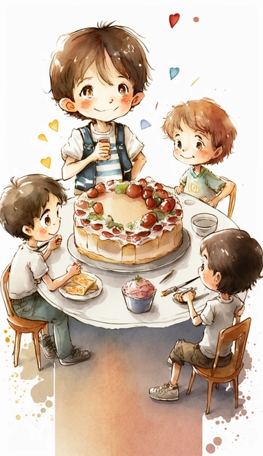 The little boy saw the birthday cake and laughed happily, along with other children. There were cakes, cutlery, plates, forks, furniture, dining tables, chairs on the table,high angle view,overall view,illustration for book, children's book, multiple positions,manga style,Watercolor Clipart, strybk,full Illustration, 4k, sharp focus, watercolor, smooth soft skin, symmetrical, soft lighting, detailed face, concept art, watercolor style, strybk, children's style fairy tales, chibi kawaii, . Octane
