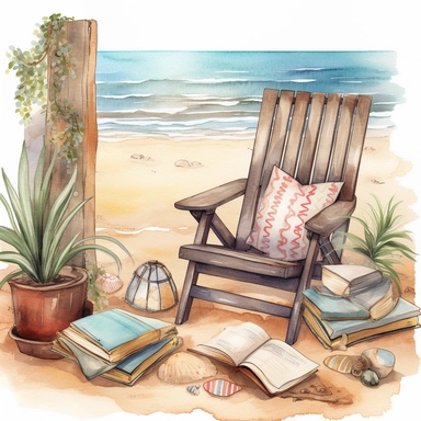 Beach Reading Nook clipart, Coastal Reading Corner, Beach Boho, watercolour style