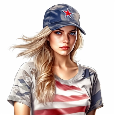 a gorgeous American soldier, her t-shirt and hat represent her flag, vibrant colors, clipart with white background,--v 5