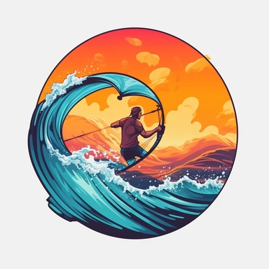 create a flat logo of a kitesurfering in action against a vibrant sunset backdrop and amazing blue waves, capturing the adventurous spirit and the beauty of the merging sports. realistic proportions, vibrant vector, clipart, illustration, realism, 4k, cinematic, front view, white background,