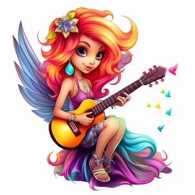 a beautiful fairy, rock star with guitar, rainbow colors, cartoon, big wings, clipart, white background
