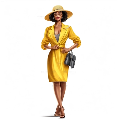 African american woman wearing yellow dress and fedora hat Boss lady clipart modern fashion style anatomically correct realistic isolated white background