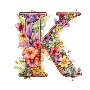 Beautiful Pastel Vintage Flower Alphabet Letter  K  Watercolor and ink Clipart, Cartoon, hyper-realistic, high contrast, intricate detail, illustration style, high solution on the white background