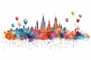 Watercolor, Illustrate a cityscape with balloons forming a vibrant skyline. clipart, hd, on a white background, spaced out