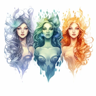 Ethereal nature elemental witches, representing the 4 natural elements (earth, fire, water and air) Clipart sheet in the style of Anna Dittmann, vivid, separated with a margin, white background