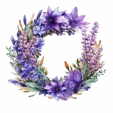 ring arrangement of lavender flowers, in the style of alcohol ink illustrations, iconic, mystic symbolism, animated gifs, animal motifs, organic material, varied brushwork, clipart