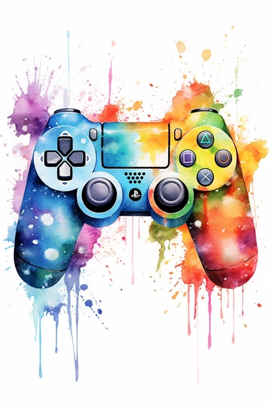 watercolor game controller clipart, with colorful splash behind, hd, on whitebackground, spaced out