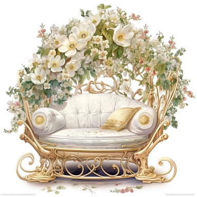 watercolor mixed media masterpiece a elegant white vilage wicker sofa, richly decorated with apple blossoms, full of beautiful dresses on hangers, pots with flowers, bedroom interior, provence, golden accents, shabby shic style, by Ivan Fedorovich Choultse style and by Rodney Matthews style and by Vladimir Kush style, Baroque style, PNG clipart, isolated on white, extreme photorealistic details, 32k HD resolution, realistic high detailization high resolution