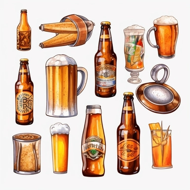 Beer Accessories: Create clipart of beer-related accessories like bottle openers, coasters, and beer mats, capturing their unique shapes and colors, full color, clipart, watercolor illustration, single object, high definition 8k, white background for removing background