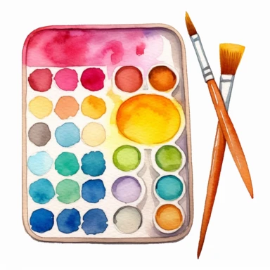 aa palette with watercolor paint for classroom ,watercolor clipart, Cute kawaii , single object, illustration by katie daisy style,png transparent,white background for removing background - - no text shadow font watermark