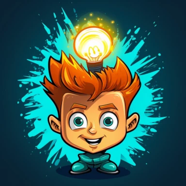 A creative and imaginative bulb lighting up above a cartoon character's head, with the character holding a lightbulb and pointing to the bulb as if they just had a brilliant idea, Clipart, created in Adobe Illustrator with bold colors and playful details,--ar 36:39