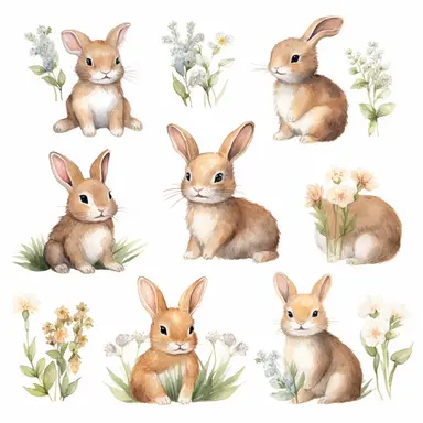 A sophisticated and enchanting collection of elegant watercolor clipart depicting baby bunnies holding wildflower bouquets. Each hand-painted bunny is lovingly rendered with soft, natural hues that highlight their delicate features, expressive eyes, and fluffy fur. The artist skillfully pairs the baby bunnies with an assortment of wildflowers, such as poppies, bluebells, and daisies, creating a harmonious and delightful composition. This charming clipart set is perfect for enhancing invitations,