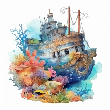 watercolor underwater shipwreck, in a cove , fish coral plant and bubbles, shades of coral turquoise yellow and blue, glamorous, very detailed and realistic, white background with margins, clipart style