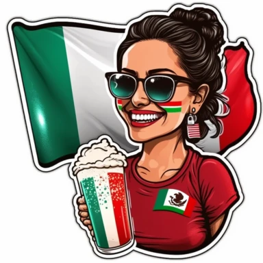 Pretty smiling Hispanic young woman with a t - shirth with the mexican flag, margarita drink, hair in a messy bun and sunglasses realistic cartoon style clipart sticker