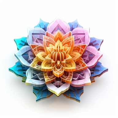 clipart of geometric 3D lotus flower, matrix code, intricate, vibrant chakra colors, sacred geometrical patterns, on white background