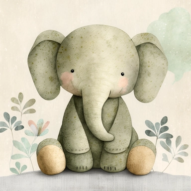 cute animal wall clipart, baby elephant in the style of atmospheric watercolor organic designs, soft and dreamy, dark silver and light green, beige storybook illustration, plush doll art on subtle background