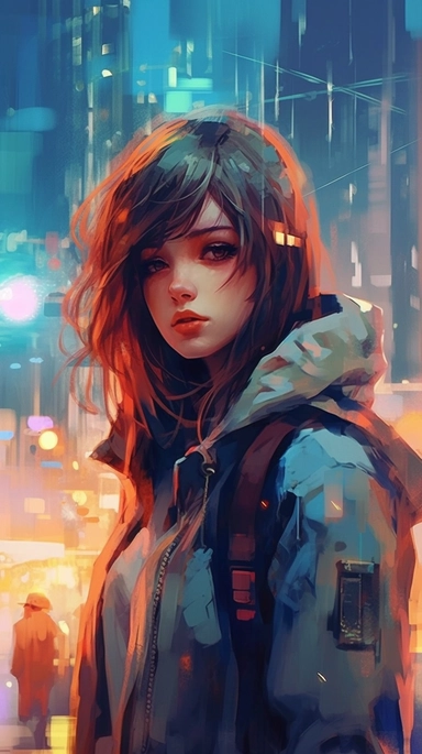 beautiful stunning pretty vintage cyberpunk anime girl, paint art style, clipart, city landscape background, superrealistic, one of a kind