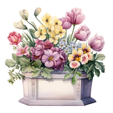 very beautiful Box Flower Planter, white background, clipart with pastel color, detailed and lovely Renaissance painting