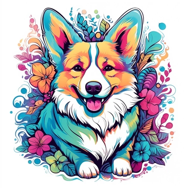 vector of a cute happy corgi in hyper real beautiful japanese tattoo, paint art style, clipart, detail design, colorful, contour, white background, magnificent,