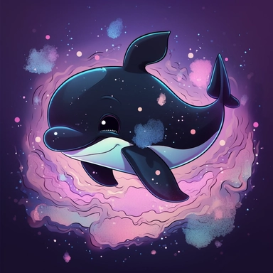 Baby ORCA for children, in the sea, walt disney style, 4k, quality, detailed, clipart, clipart, sticker, cute, pastel colors, smile, only black outline, high contrast, cartoon style illustration, illustration for a children's book, space background, stars, nebula