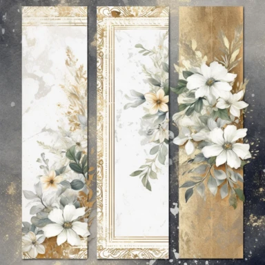scrapbook paper template, intricate three small bouquets of white floral watercolor clipart on the borders on paper, luxurious textures, nature-inspired pieces, very high resolution