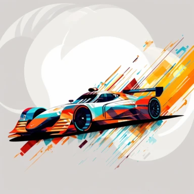 Contemporary vector clipart featuring a race car, represented by bold lines and abstract shapes, highlighting the car's distinctive design and speed, suitable for use in logos, icons, or racing-related infographics, on a clean background
