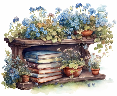illustration watercolor art of cute beautiful forget-me-nots bookshelf in the garden, provence, meadow, many small and colorful particles, shabby shic style, masterpiece by Jean-Baptiste Monge style and by Ivan Fedorovich Choultse style and Hans Zatzka style and Vladimir Kush style, rococo style, PNG clipart, isolated on white, extreme photorealistic details, 32k HD resolution, realistic high detailization high resolution