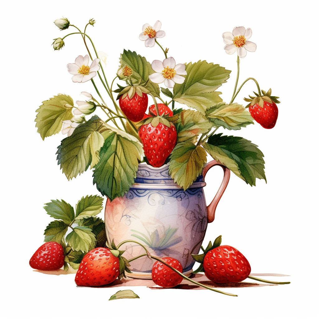 Clipart, Water Color, White Background, Straberry Growing In A Garden ...