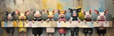 a line of cute miniature pigs, a collage of mixed media art made with tissue paper, magazine and newspaper clippings, oil paint, graphite pencil lines and fabric, in the style of playful surrealism, whimsical, washi tape