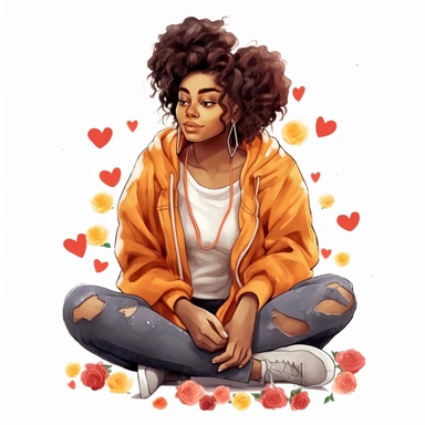 ultra detailed Black Girl Self Love Clipart, solid white background, cozy outfit, beautiful, super cute , super hot, full body shot, self love, peaceful, watercolor, floral, relaxed sitting pose, with win glass, thick , contour, PHOTOREALISM portrait , by ANIMATION