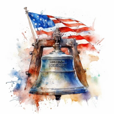 Original Liberty Bell of Philadelphia with american flag, Vectorial, highly detailed, watercolor, clipart, illustration, white background, digital painting, paper crafting, no signature, no text