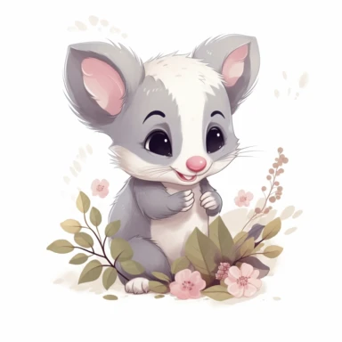 cute baby Opossum clipart, happy, animal only, isolated on white background, illustration, pastel colors, no shadow, vector, high definition, Full HD, 8k