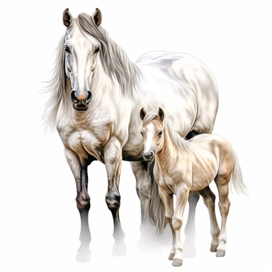 andalusian horse and foal in the style of digital airbrushing realistic yet stylized, digitally enhanced, clipart, 32k uhd, detailed crosshatching white background