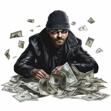 high def photograph clipart vector image with plain white background of a hyper realistic high definition photograph of a robber with money. extremely detailed. 35mm lens. 8k. Ultra HD.