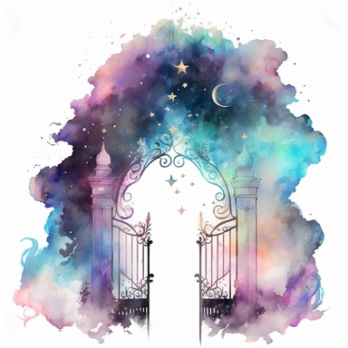 Watercolor Heavenly Gates Clipart, fantasy heaven galaxy watercolor painting, on white background