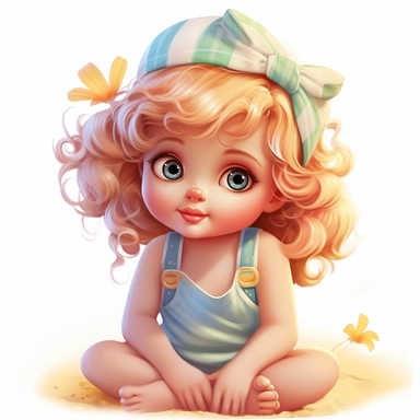 clipart of super cute baby girl in the beach white background charming anime characters style Thomas Kinkade Nadja Baxter Anne Stokes Nancy Noel